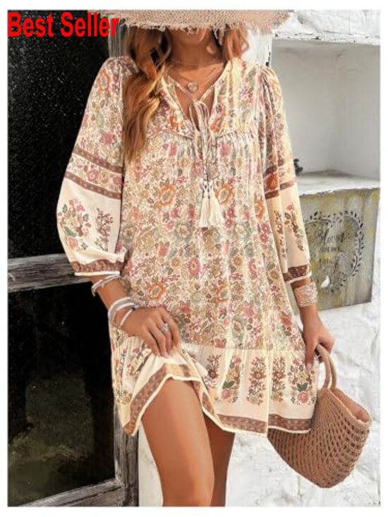 Puff Sleeve Boho Dress with Tie Neck and Floral Print - Picture 4 of 6